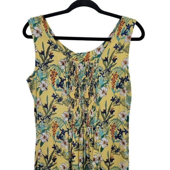 Vintage Koret Dress M Yellow Floral Midi Sleeveless Button Front Smocked India - Picture 8 of 11
